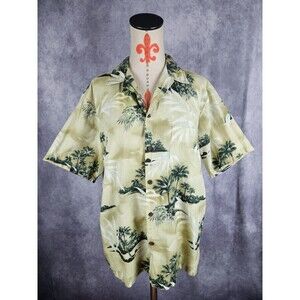 VTG RJC Ltd Men L Hawaiian Aloha Shirt Tropical Island Palm Trees Cotton Tan USA